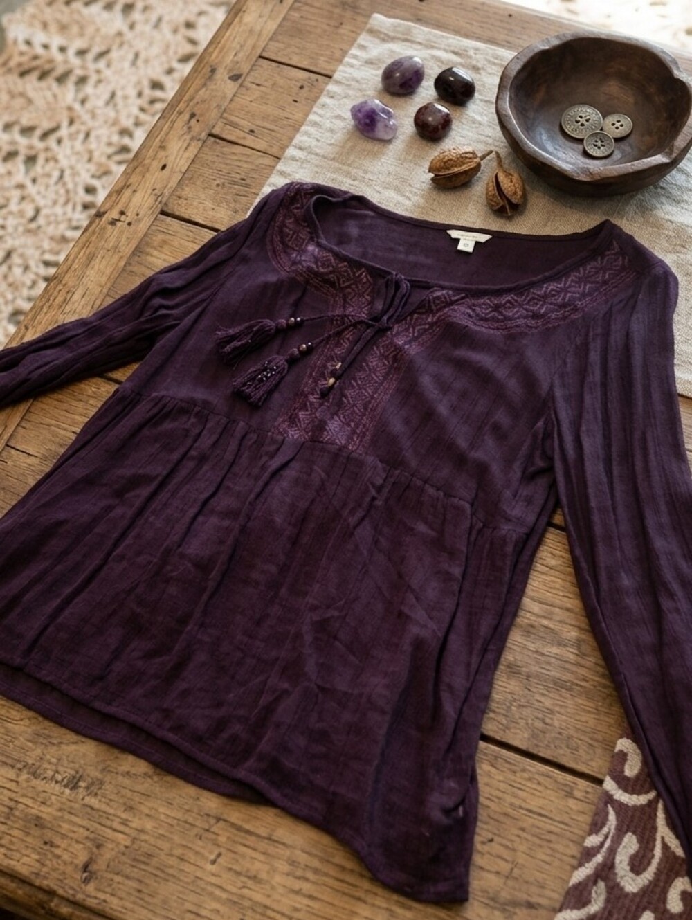 Sonoma Plum Long-Sleeve Embroidered Peasant Tunic